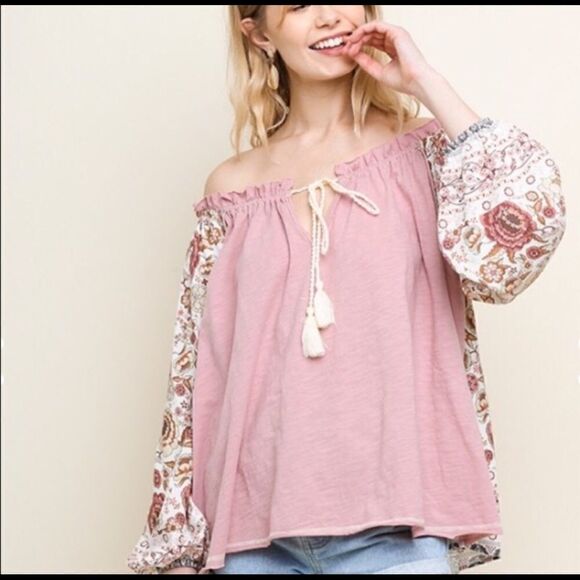 Boho off the shoulder top pink boho floral top - Picture 1 of 12